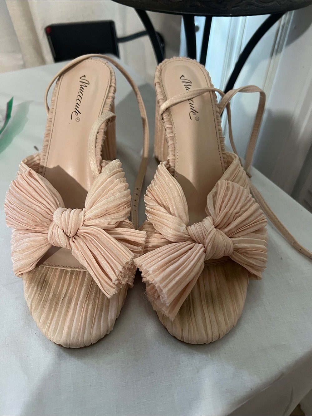 Pleated Bow Slingback Heels in Light Blush